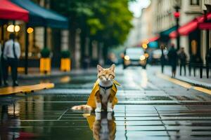 a cat in a yellow raincoat standing on a wet street. AI-Generated photo