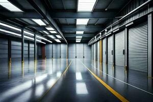 a large warehouse with a long hallway and a lot of storage space. AI-Generated photo