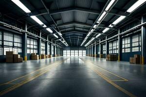 an empty warehouse with boxes and a light. AI-Generated photo