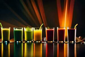 a row of different colored juices in glasses. AI-Generated photo