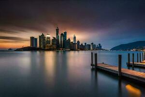 a pier in the middle of a lake with a city skyline in the background. AI-Generated photo