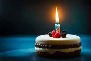 a small birthday cake with a lit candle. AI-Generated photo