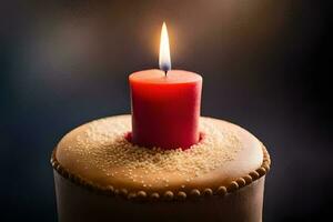 un soltero vela es iluminado en parte superior de un pastel. generado por ai foto
