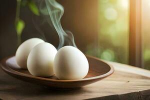 three eggs in a bowl with smoke coming out of them. AI-Generated photo