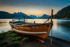 un barco se sienta en el apuntalar de un lago a puesta de sol. generado por ai foto