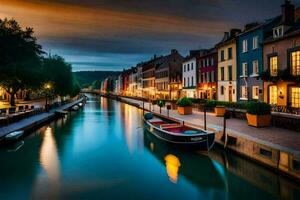a canal in the middle of a town at dusk. AI-Generated photo