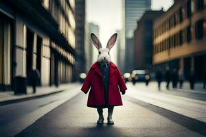 a rabbit wearing a red coat and standing in the middle of a city street. AI-Generated photo