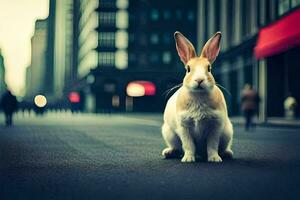 un Conejo es sentado en el calle en frente de un edificio. generado por ai foto