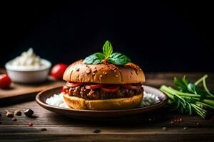 a hamburger with cheese and tomatoes on a plate. AI-Generated photo