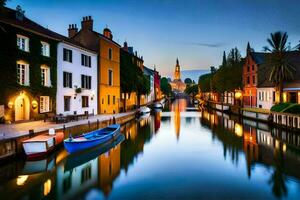 un canal en el medio de un ciudad con barcos generado por ai foto