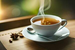 a cup of tea with a steaming cup of tea. AI-Generated photo