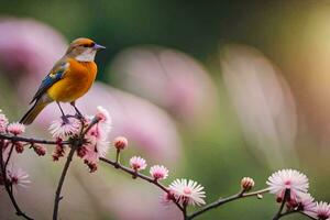 a bird sits on a branch with pink flowers. AI-Generated photo