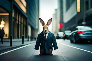 a rabbit dressed in a suit and tie standing on the street. AI-Generated photo