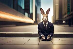 un Conejo en un traje y Corbata sentado en el suelo. generado por ai foto