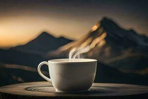 un taza de café en un mesa en frente de un montaña. generado por ai foto