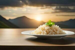 a plate of rice with a mountain view. AI-Generated photo