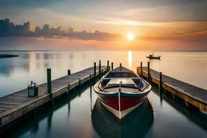 a boat docked at the end of a dock at sunset. AI-Generated photo