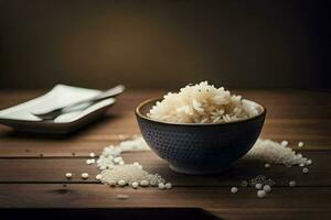 a bowl of rice on a wooden table. AI-Generated photo