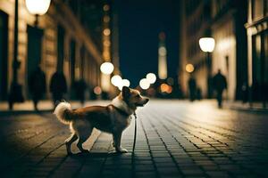 a dog standing on a street at night. AI-Generated photo