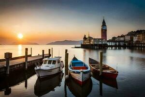 boats docked at the pier in front of a clock tower. AI-Generated photo