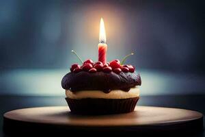 a cupcake with a lit candle on top. AI-Generated photo