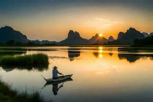 a man in a boat on a river at sunset. AI-Generated photo