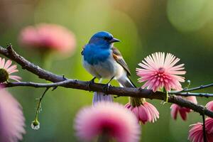 a blue bird sits on a branch with pink flowers. AI-Generated photo