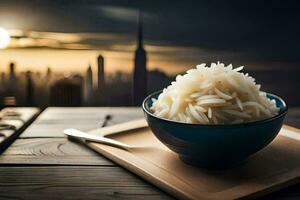 a bowl of rice with a cityscape in the background. AI-Generated photo