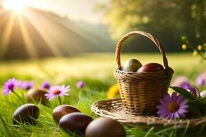 easter eggs in a basket on the grass. AI-Generated photo