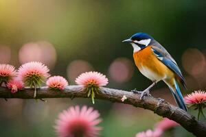 a bird sits on a branch with pink flowers. AI-Generated photo