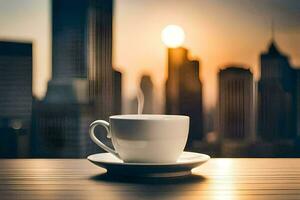 café taza en el mesa en el ciudad. generado por ai foto
