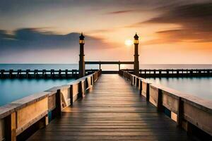 a pier with a sunset over the water. AI-Generated photo