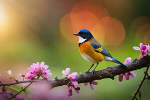 a colorful bird sits on a branch with pink flowers. AI-Generated photo