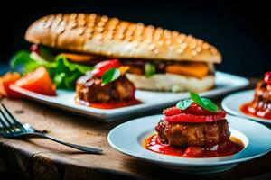 three small plates with meatballs and a sandwich. AI-Generated photo