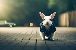 a rabbit wearing a jacket standing on a brick walkway. AI-Generated photo