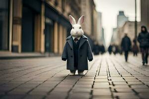 a white rabbit wearing a suit and tie standing on a brick street. AI-Generated photo