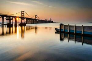 un barco es atracado a el final de un muelle a puesta de sol. generado por ai foto