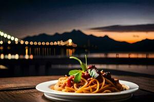 a plate of pasta with a view of the bridge. AI-Generated photo