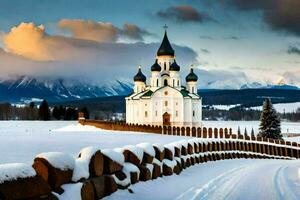 un Iglesia en el nieve con montañas en el antecedentes. generado por ai foto