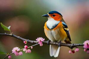 a colorful bird sits on a branch with pink flowers. AI-Generated photo