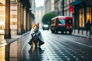 a cat in a raincoat standing on a street. AI-Generated photo