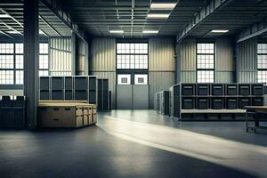 a large warehouse with lots of boxes and shelves. AI-Generated photo