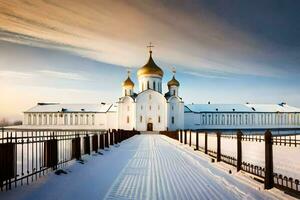 un Iglesia en el nieve con dorado cúpulas generado por ai foto