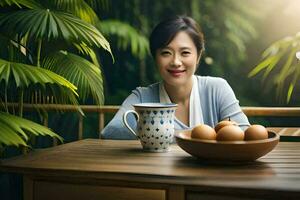 a woman sitting at a table with eggs and a bowl of fruit. AI-Generated photo