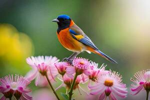 a colorful bird sits on top of pink flowers. AI-Generated photo