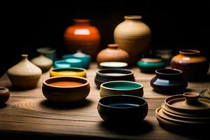 a collection of colorful ceramic bowls and vases. AI-Generated photo