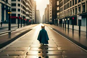 a cat walking down a city street in a blue cloak. AI-Generated photo