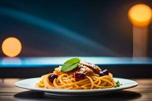 spaghetti with meat and cherry tomatoes on a plate. AI-Generated photo