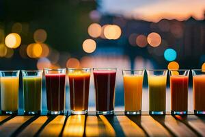 a row of glasses with different colored juices. AI-Generated photo