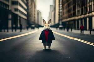 un Conejo en un traje en pie en el medio de un ciudad calle. generado por ai foto